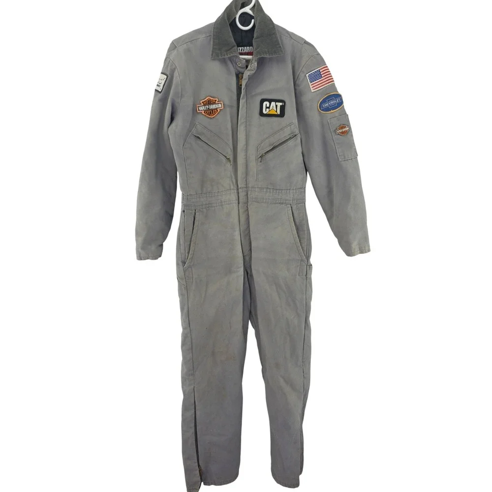 Walls Blizzard Pruf Coveralls Mens Grey Harley CAT Chevy Patches Workwear 6519